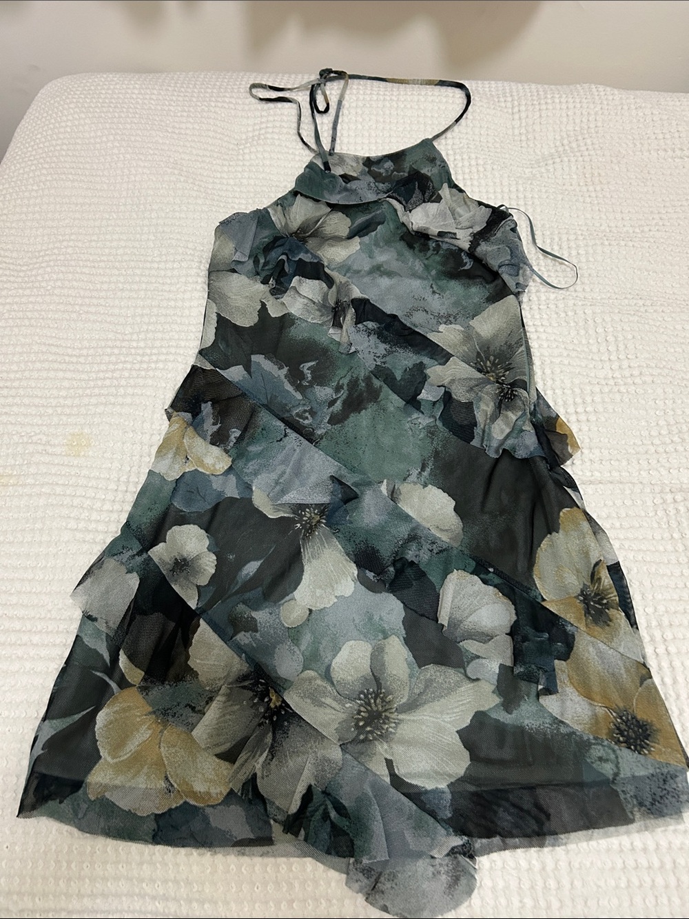 Floral Halter Mini Dress in Green and Black